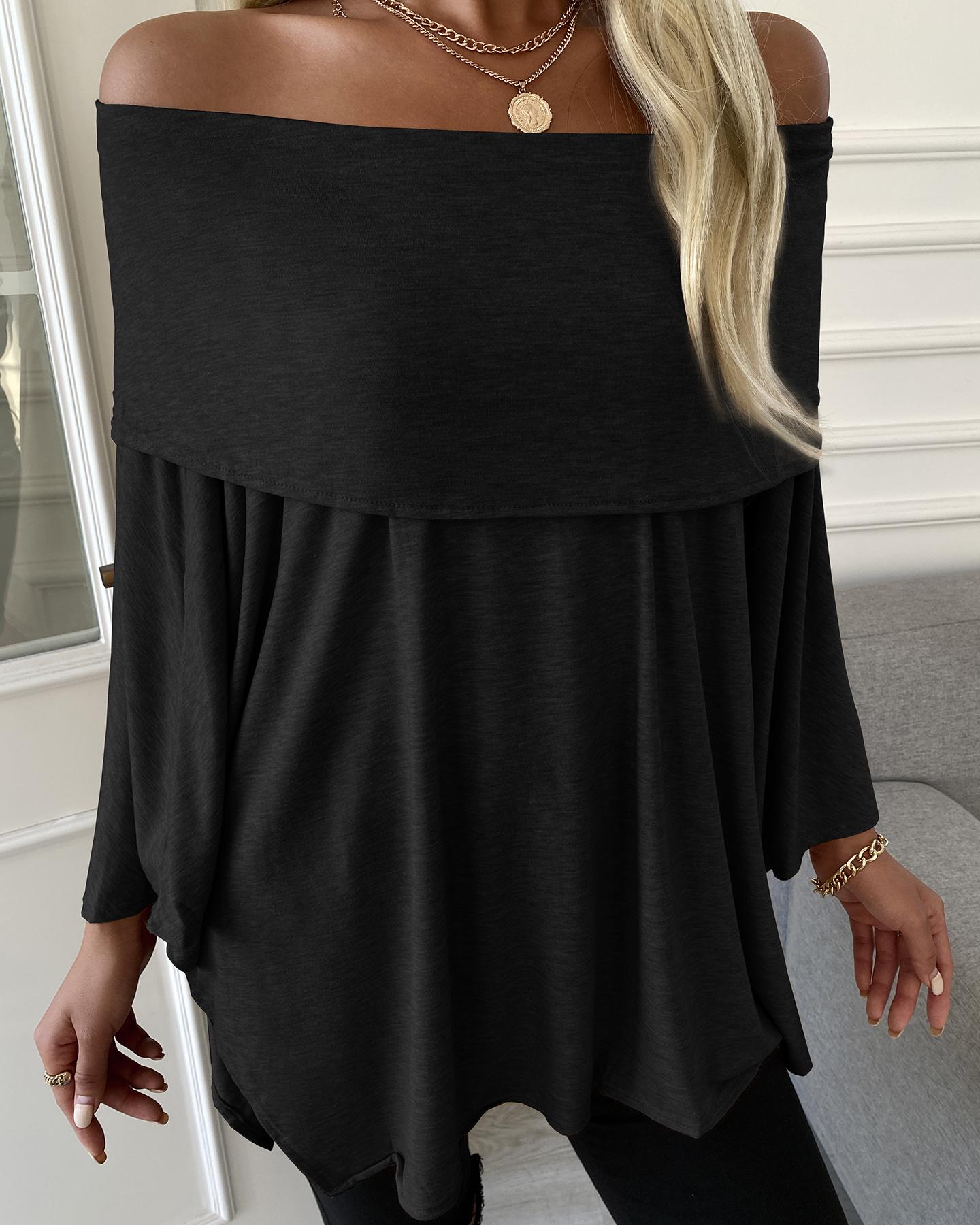 

Off Shoulder Long Sleeve Plain Top, Black