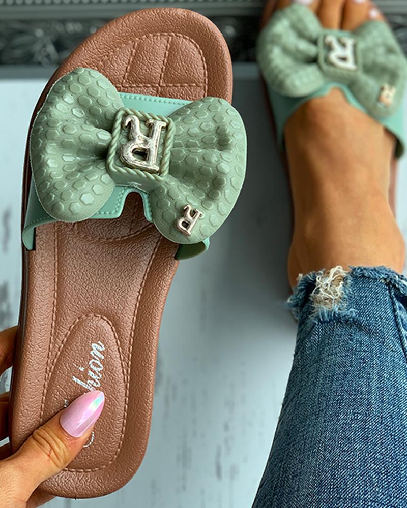 

Letter Pattern Bowknot Decor Flat Sandals, Green