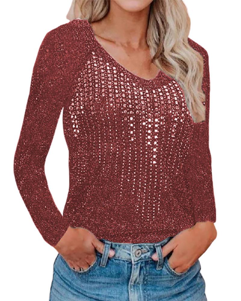 

V Neck Rhinestone Decor Long Sleeve Knit Top, Red