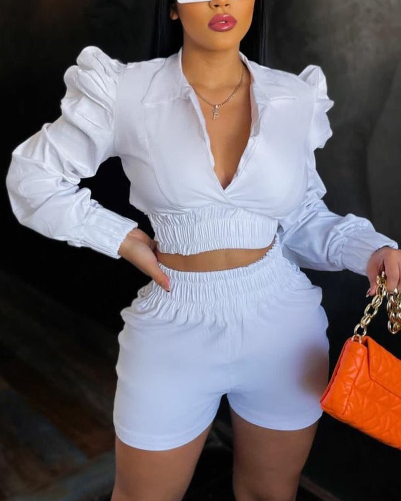 

Puff Sleeve Shirred Crop Top & Shorts Set, White