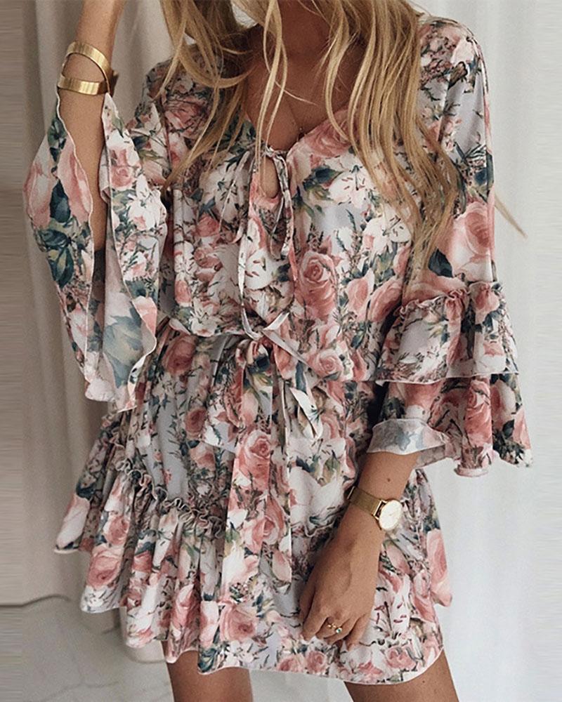 

Floral Print Ruffle Hem Tie Detail Dress, Multicolor