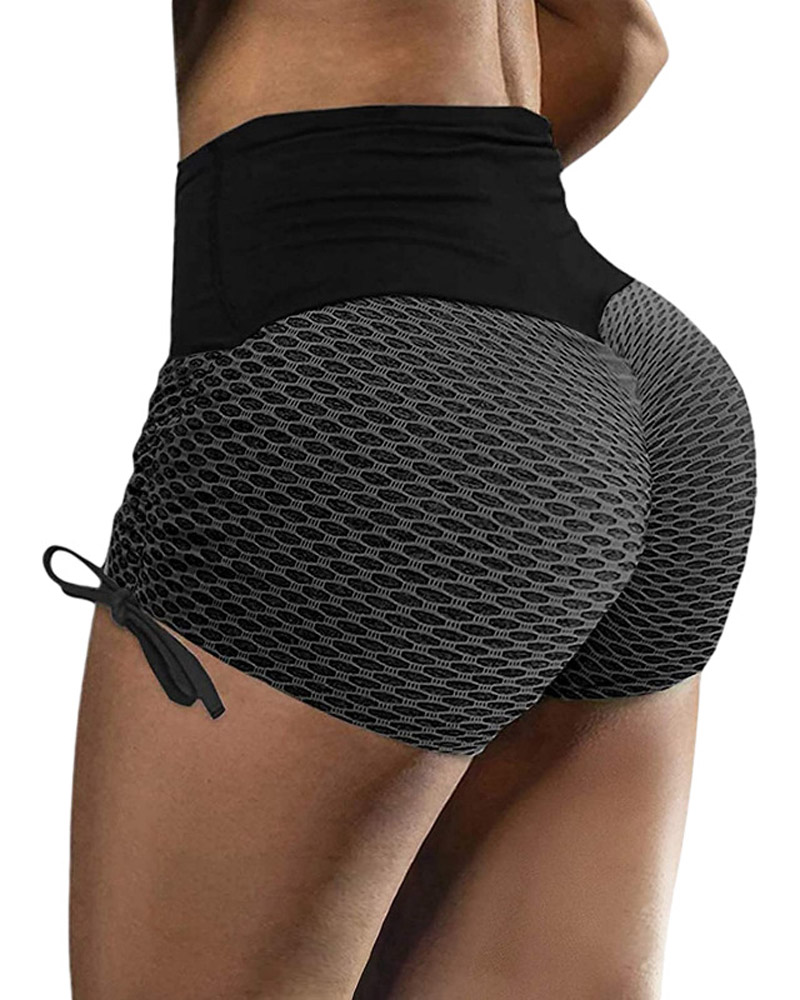 

High Waist Scrunch Butt Lift Drawstring Honeycomb Active Shorts, Black