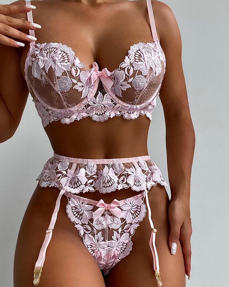 

Embroidery Floral Lace Garter Lingerie Set, Pink