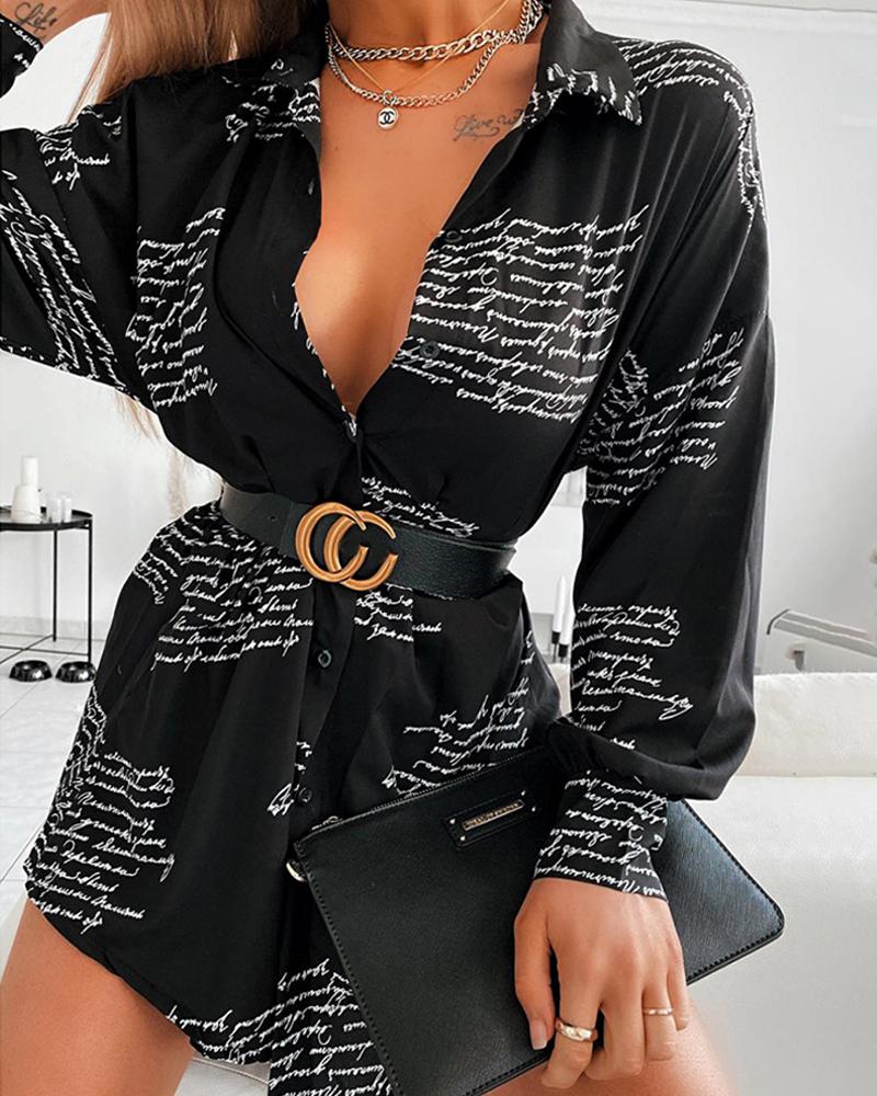 

Letter Print Long Sleeve Shirt Dress, Black