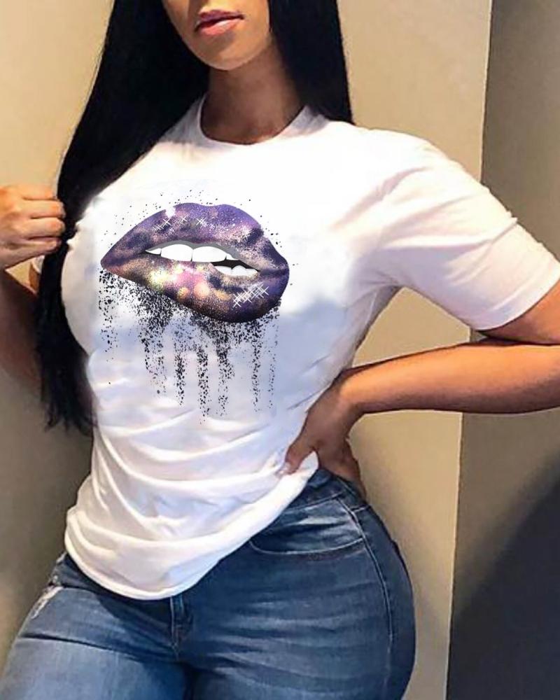 

Lip / Letter / Slogan Print Short Sleeve Casual T-shirt, Style5
