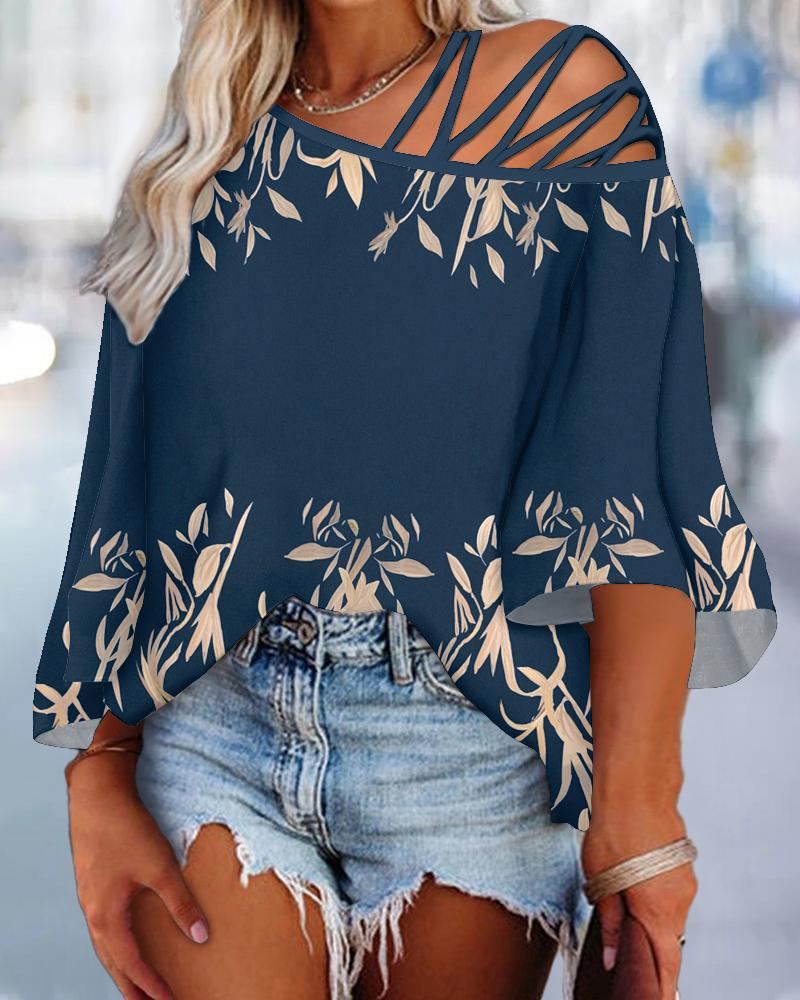 

Plus Size Plants Print Cold Shoulder Top, Blue