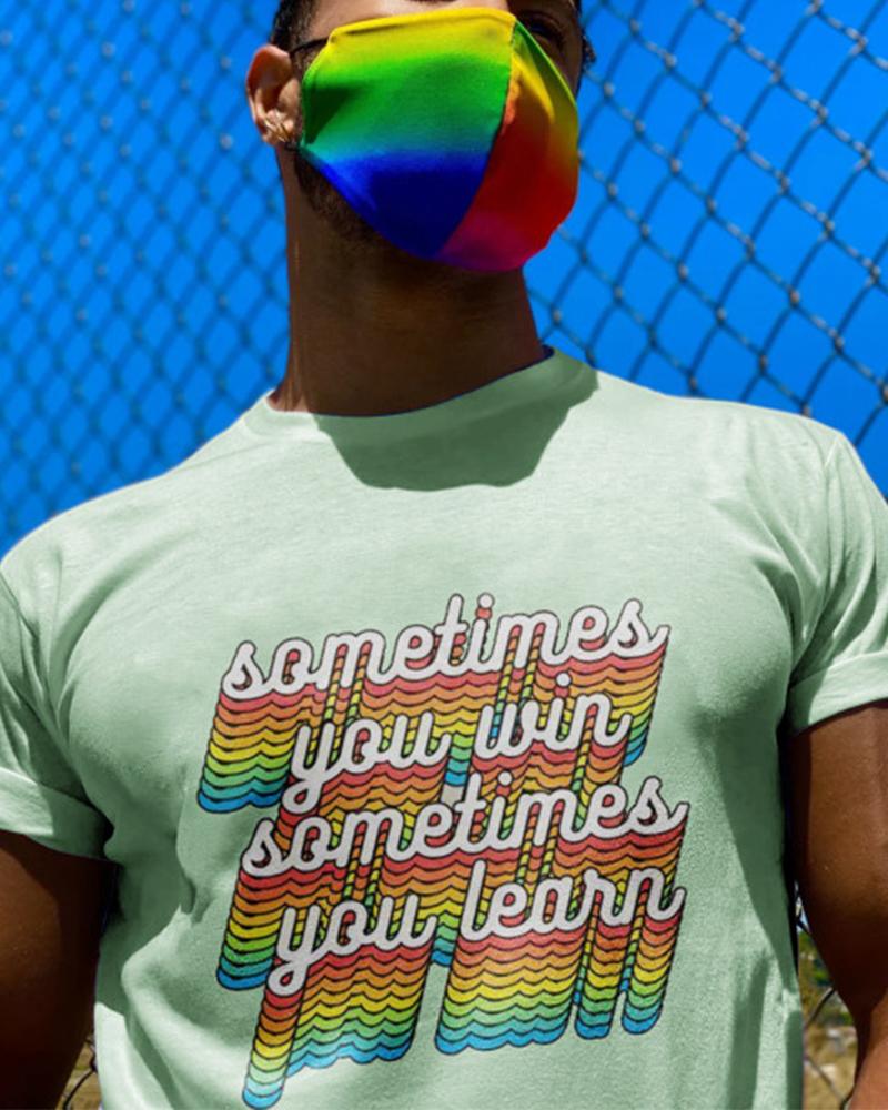 

Rainbow Letter Print Short Sleeve T-shirt, Green