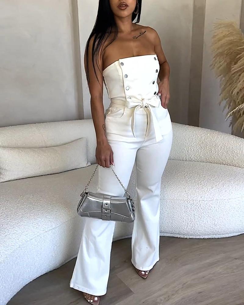 

Buttoned Bandeau Top & Flared Pants Set, White