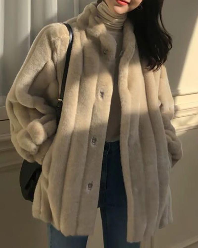 

Button Design Long Sleeve Faux Fur Coat, Apricot