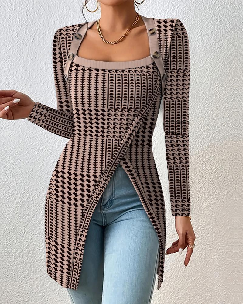 

Houndstooth Geometric Print Buttoned Slit Top, Khaki