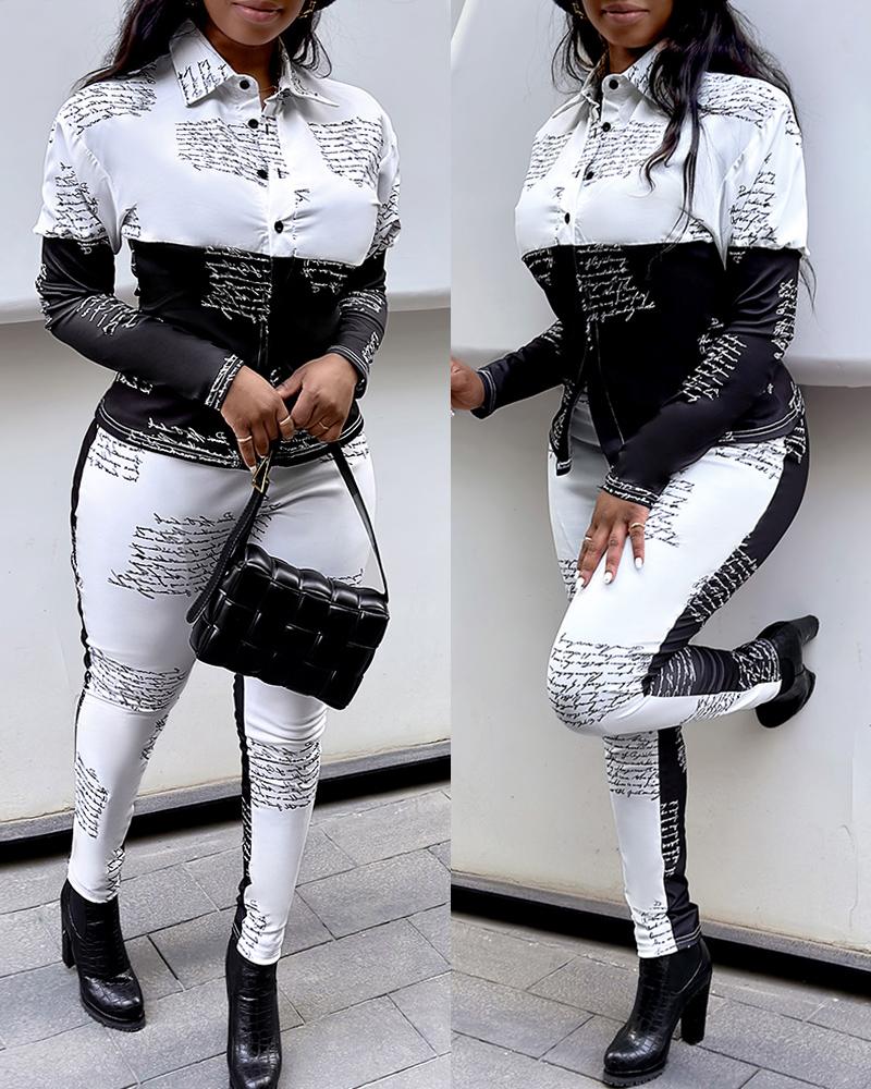 

Colorblock Letter Print Buttoned Top & Pants Set, Blackwhite