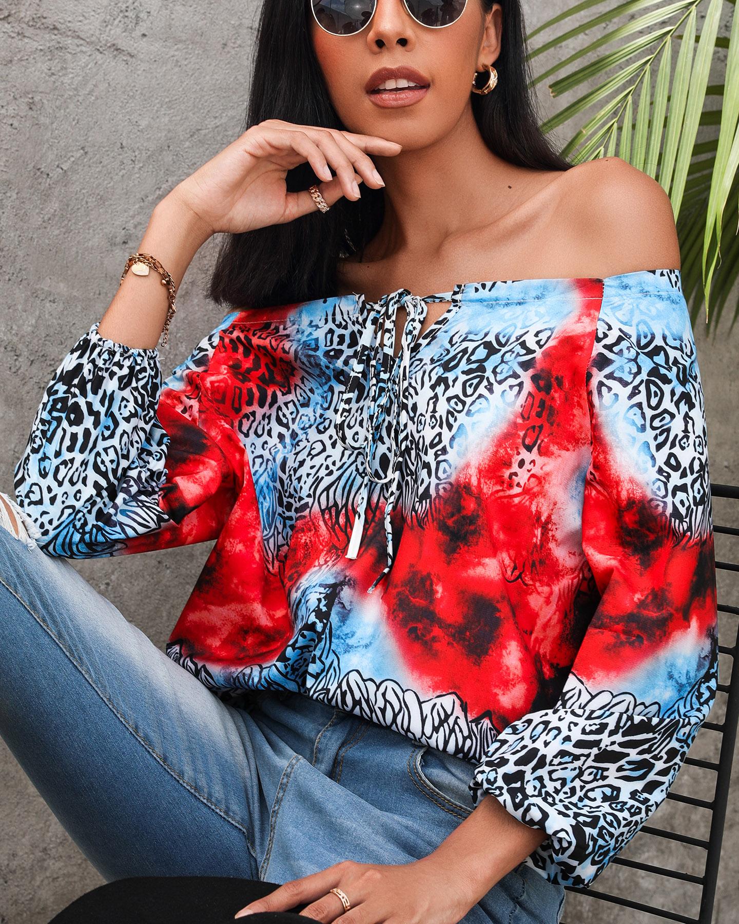 

Off Shoulder Peacock Print Tied Front Casual Blouse, Red