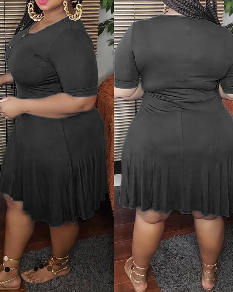 

Plus Size Button Design Short Sleeve Ruched Dress, Black