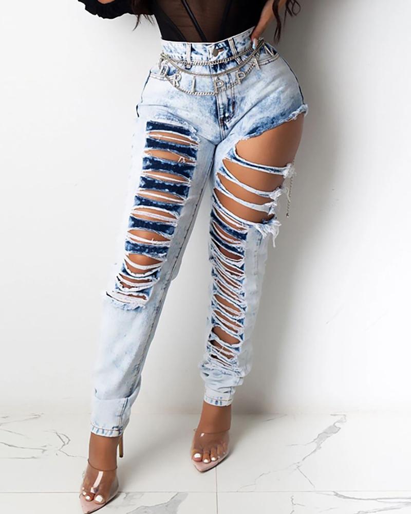 

Ladder Cutout Ripped High Waist Jeans, Blue