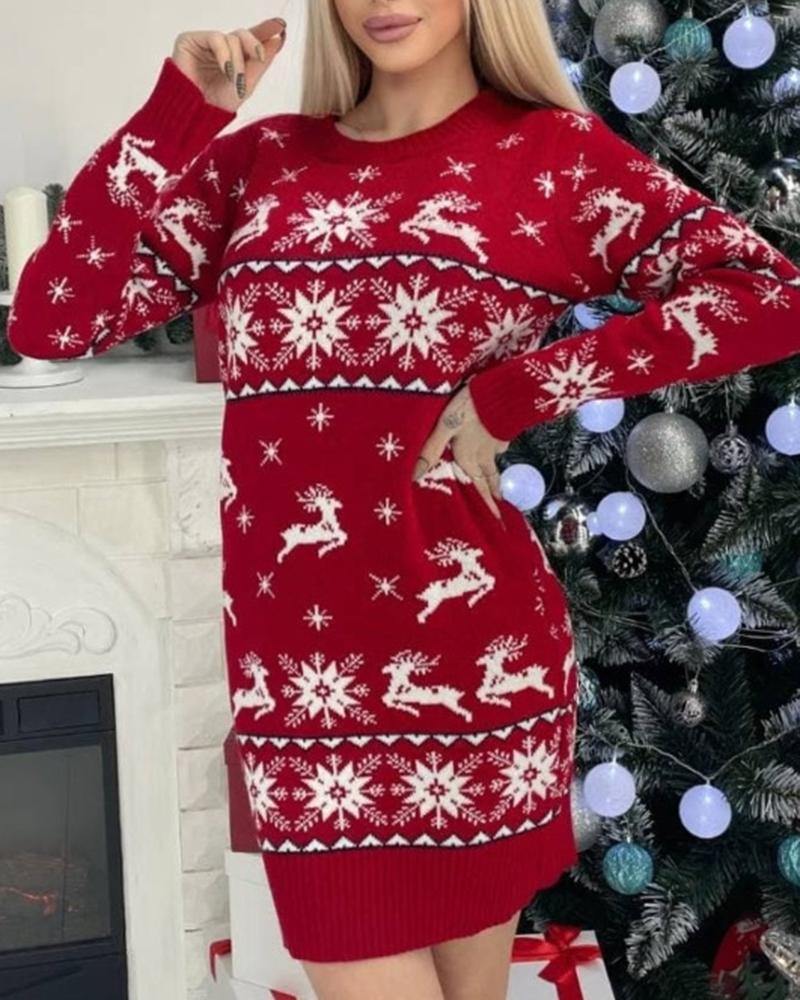 

Christmas Round Neck Snowflake Elk Pattern Sweater Dress, Red