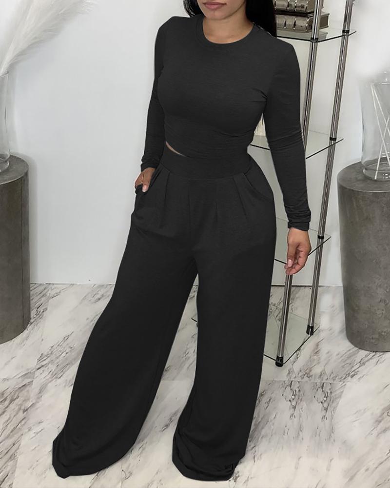 

Long Sleeve Top & Wide Leg Ruched Pants Set, Black