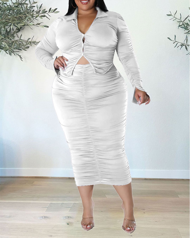 

Plus Size Long Sleeve Buttoned Shirt & Ruched Skirt Set, White