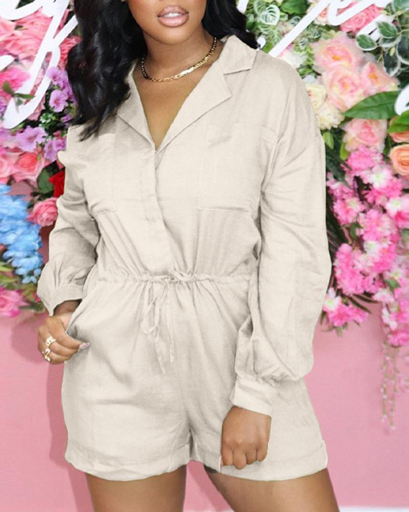 

Long Sleeve Pocket Detail Drawstring Romper, Beige