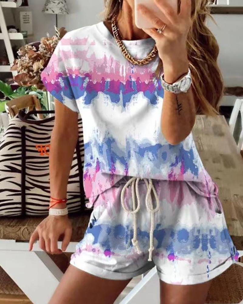 

Tie Dye Print T-Shirt & Drawstring Shorts Set, White