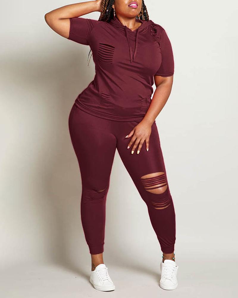 

Plus Size Ladder Cutout Casual Top & Pants Set, Wine red