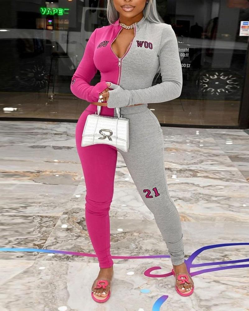 

Colorblock Thumb Hole Long Sleeve Zip Up Top & Pants Set, Hot pink