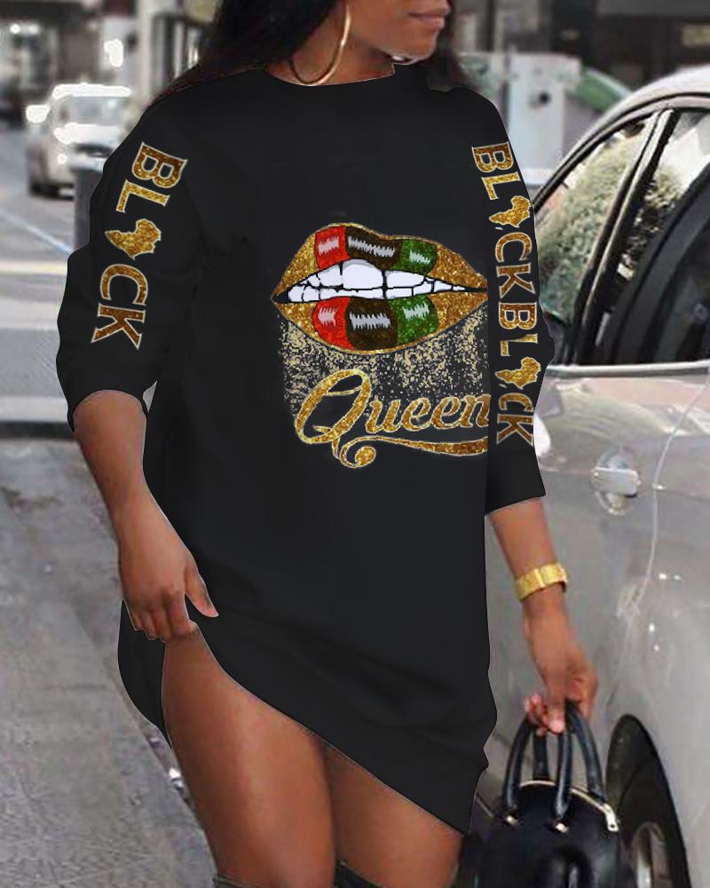 

Letter Lip Print Long Sleeve Sweatshirt Casual Dress, Black