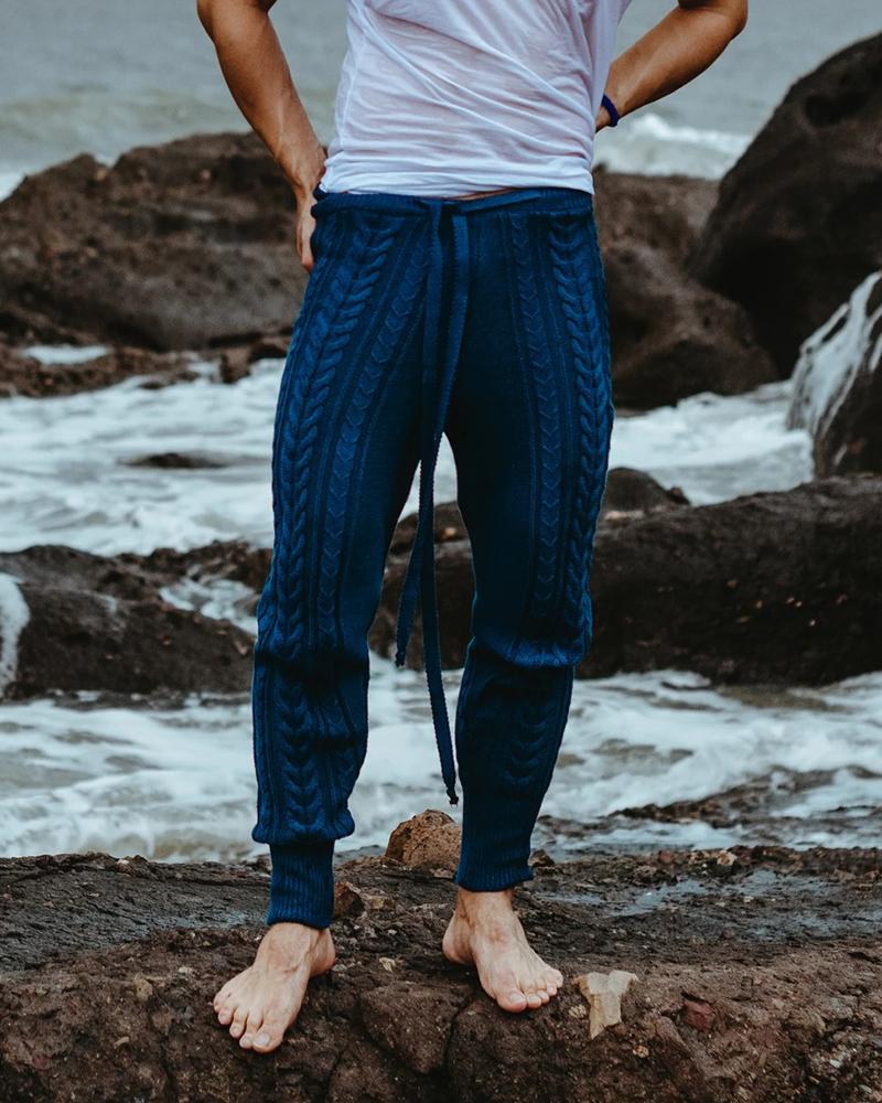 

Solid Loose Kniited Skinny Lace-up Waist Pants, Purplish blue
