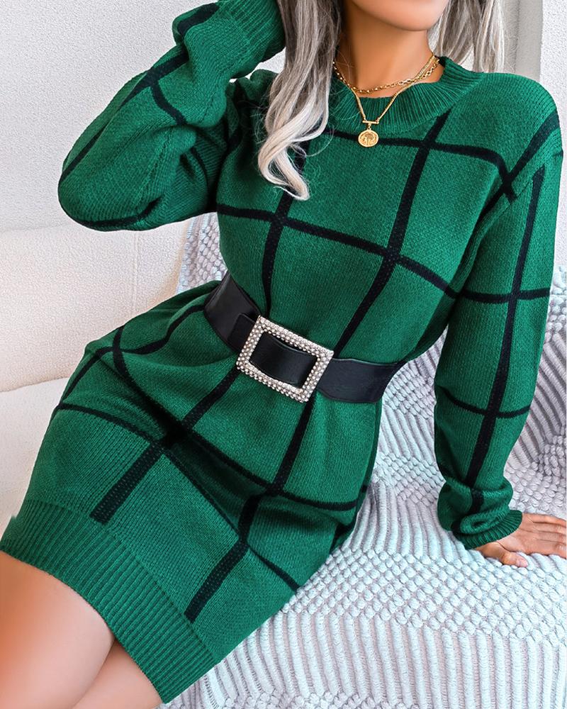 

Plaid Pattern O-neck Casual Sweater Dress, Green