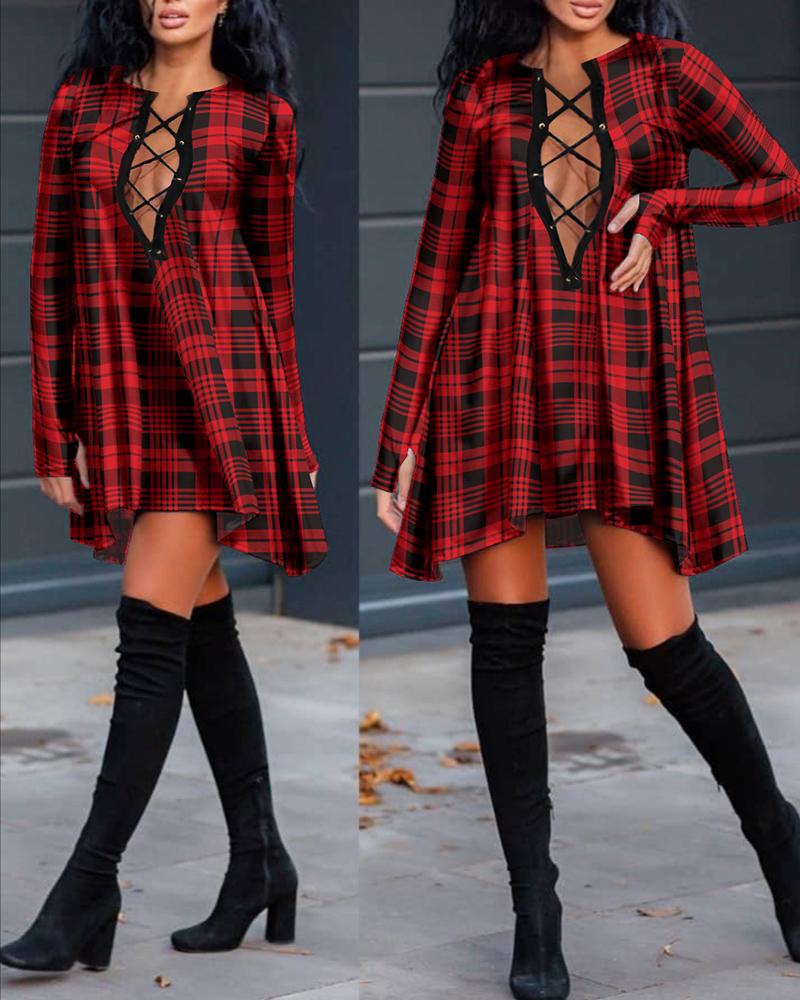 

Plaid Print Grommet Eyelet Lace-Up Smock Dress, Black