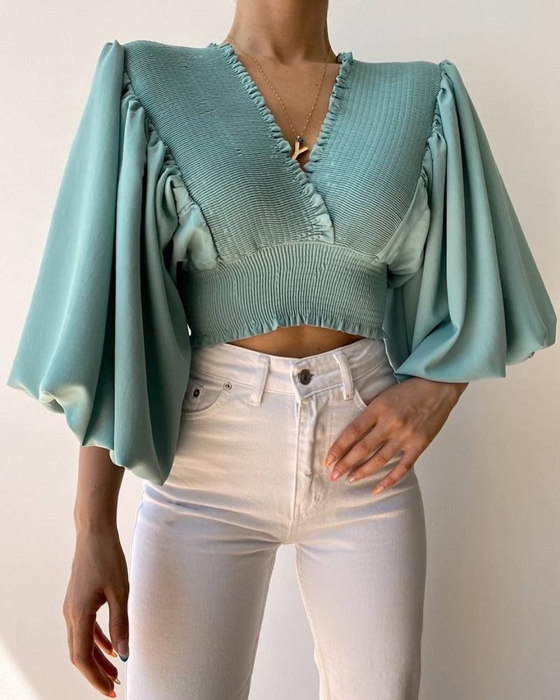 

Shirred Lantern Sleeve Crop Blouse, Light green