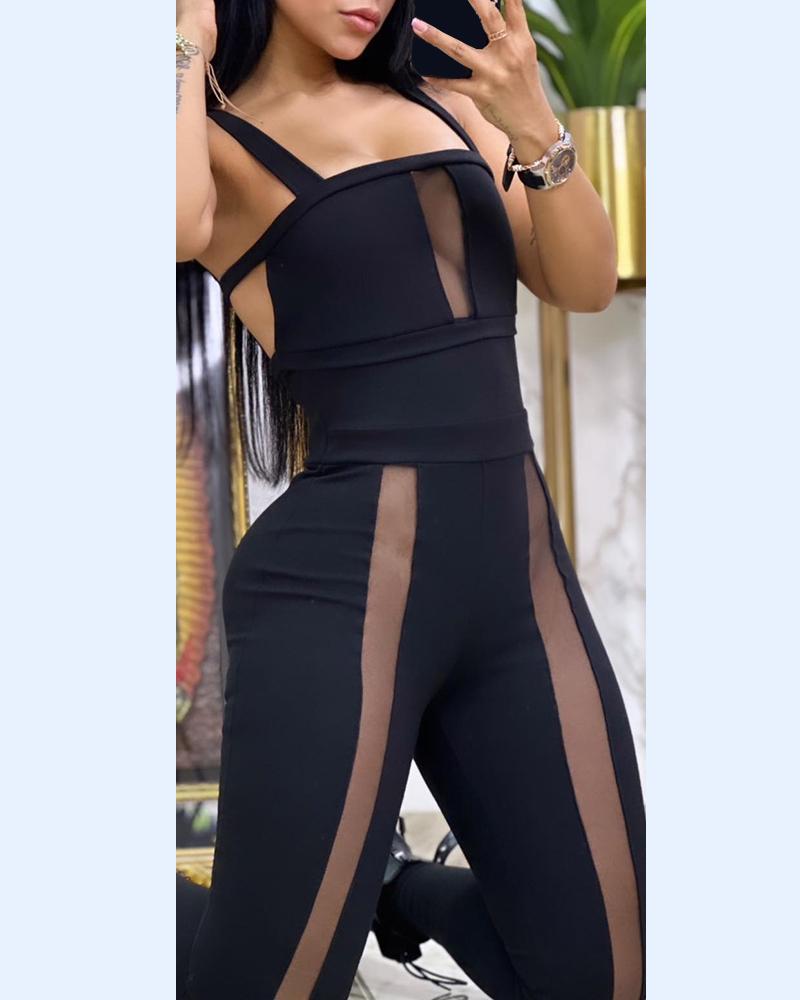 

Cutout Backless Sheer Mesh Patch Jumpsuit, Black