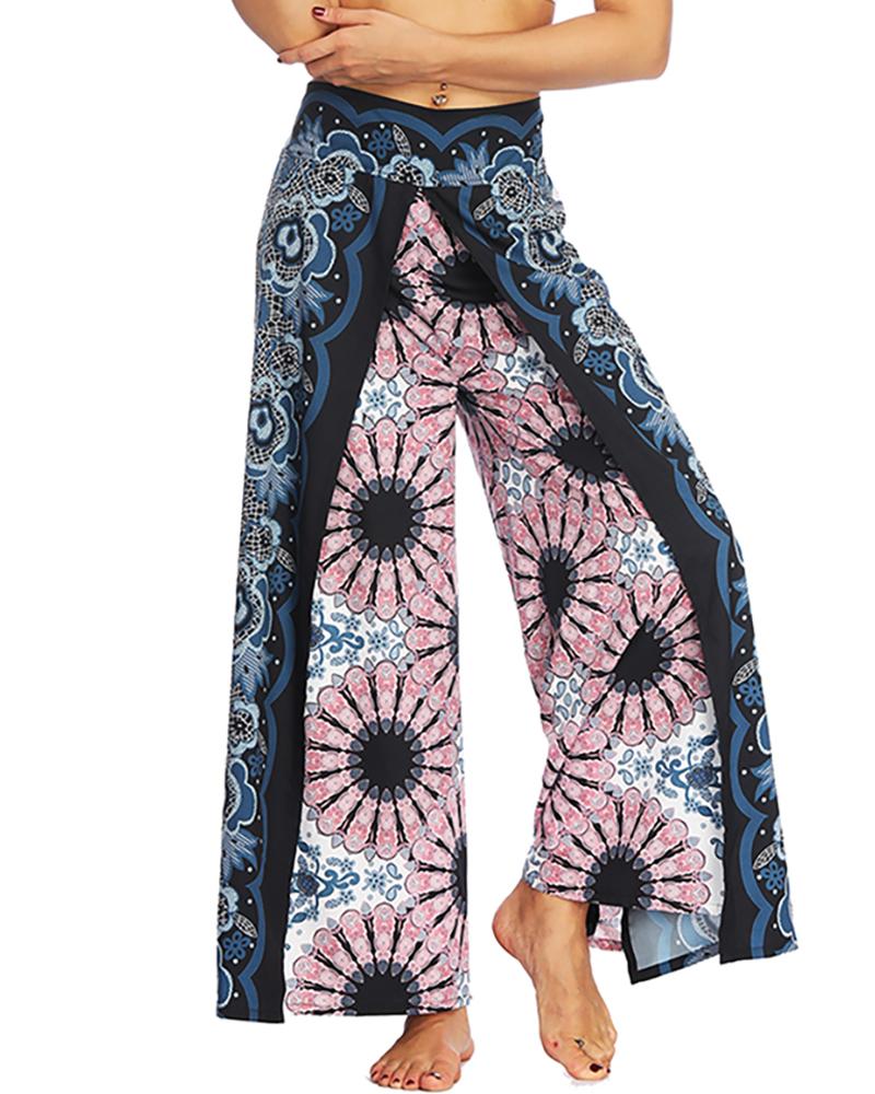 

Floral Print Wide Leg Culotte Design Yoga Pant, Dark blue