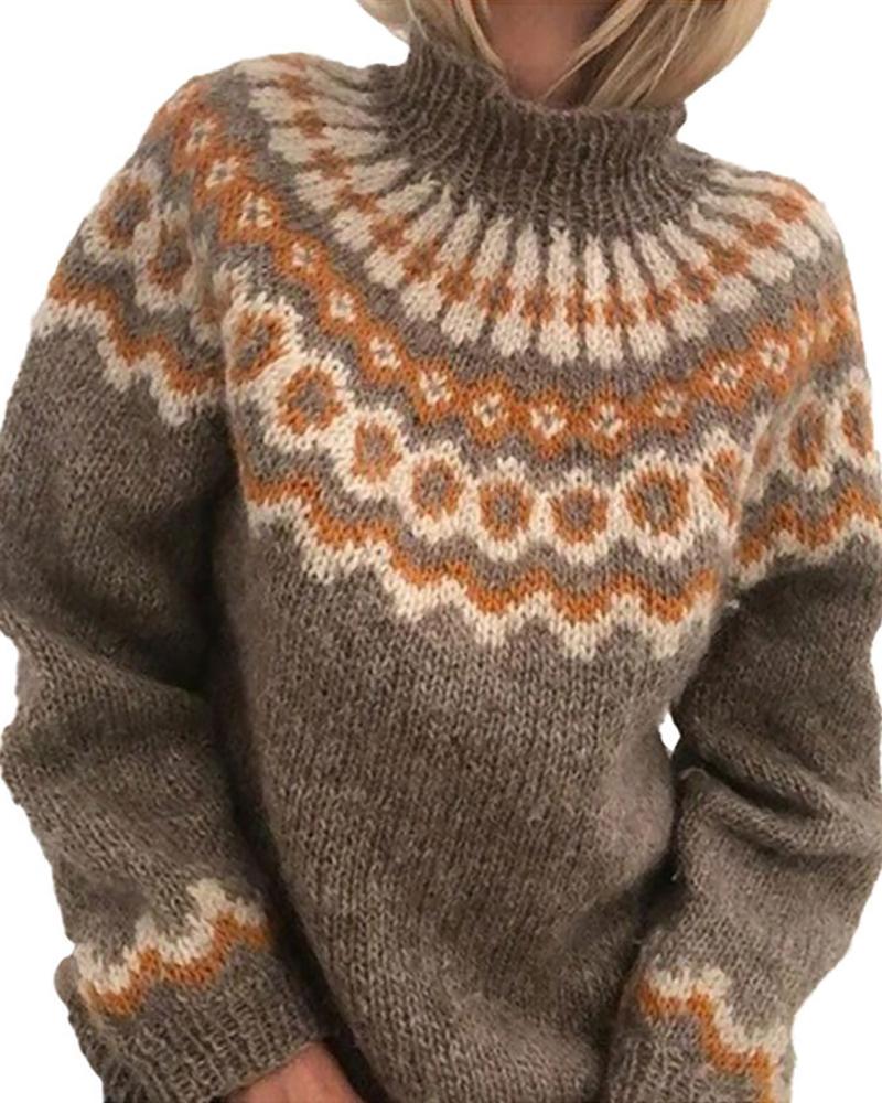 

Geometric Print Knit High Neck Long Sleeve Casual Sweater, Khaki