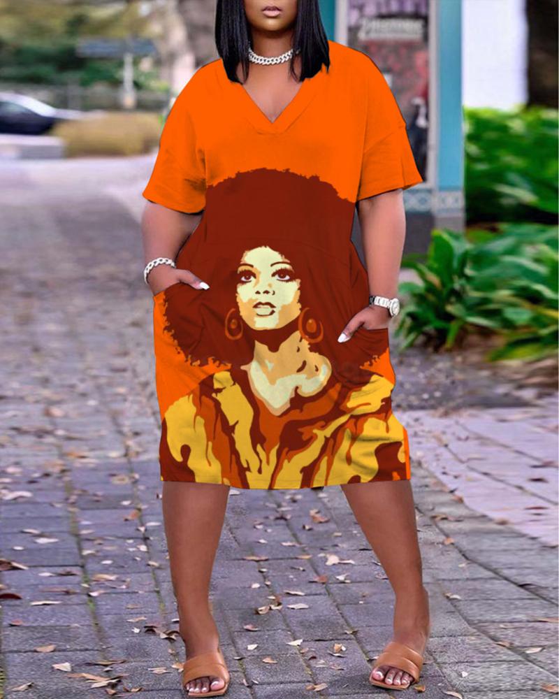 

Plus Size Figure Print Pocket Detail Casual Dress, Orange