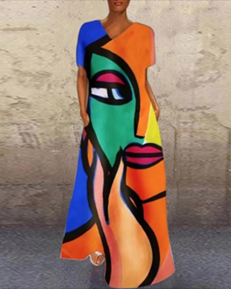 

Abstract Figure Print V Neck Maxi Dress, Multicolor