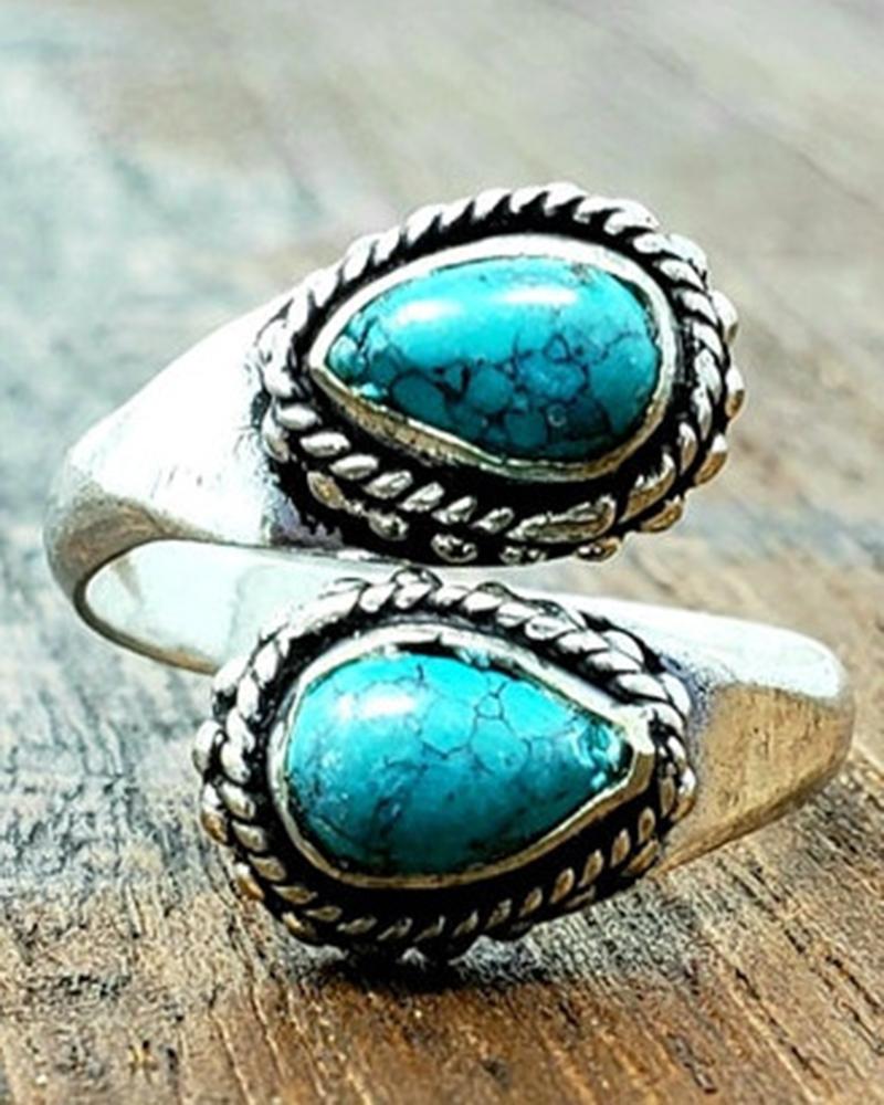 

1pc Bohemian Double Turquoises Opening Ring, Silver