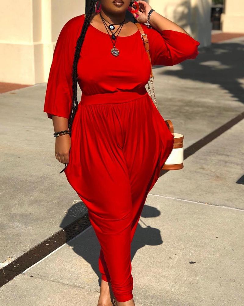 

Plus Size Plain Casual Top & Draped Detail Pants Set, Red
