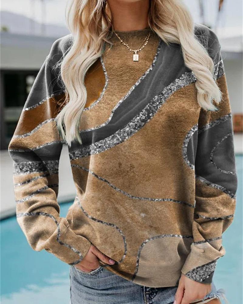 

Geometric Print Long Sleeve Sweatshirt, Brown