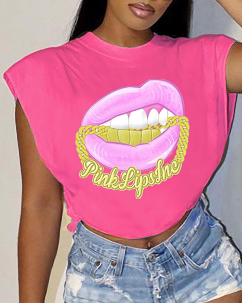 

Lip Print Cap Sleeve T-shirt, Hot pink