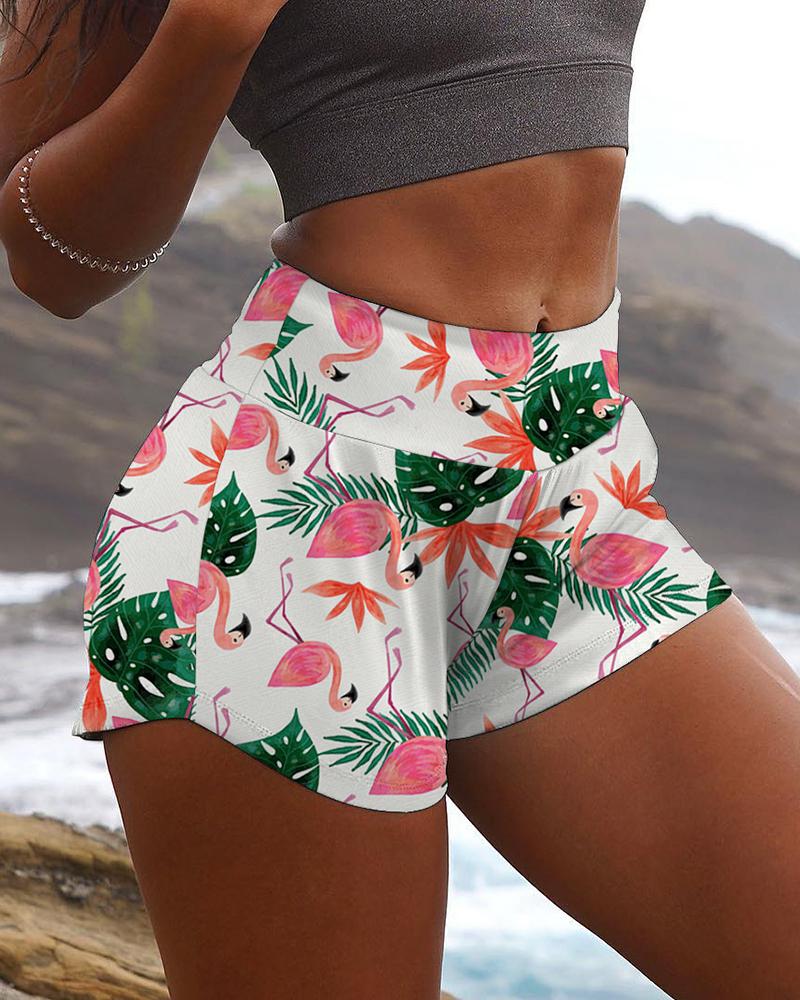 

Flamingo Print High Waist Pocket Design Sporty Shorts, White