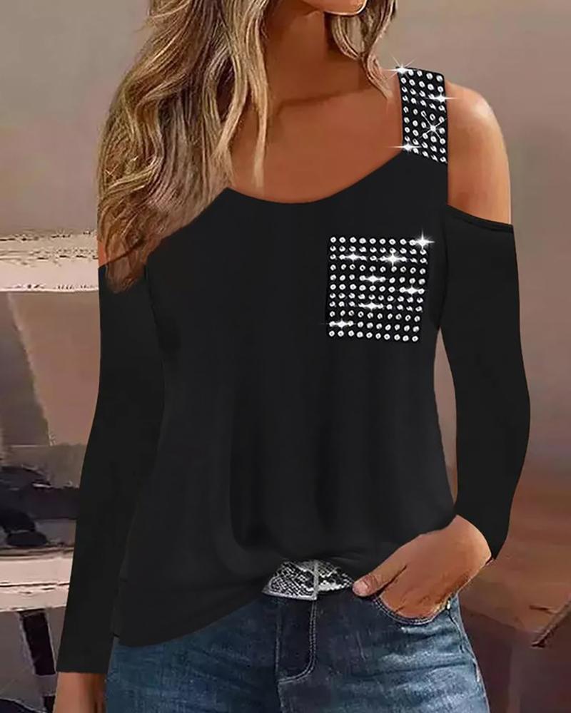 

Cold Shoulder Rhinestone Decor Top, Black