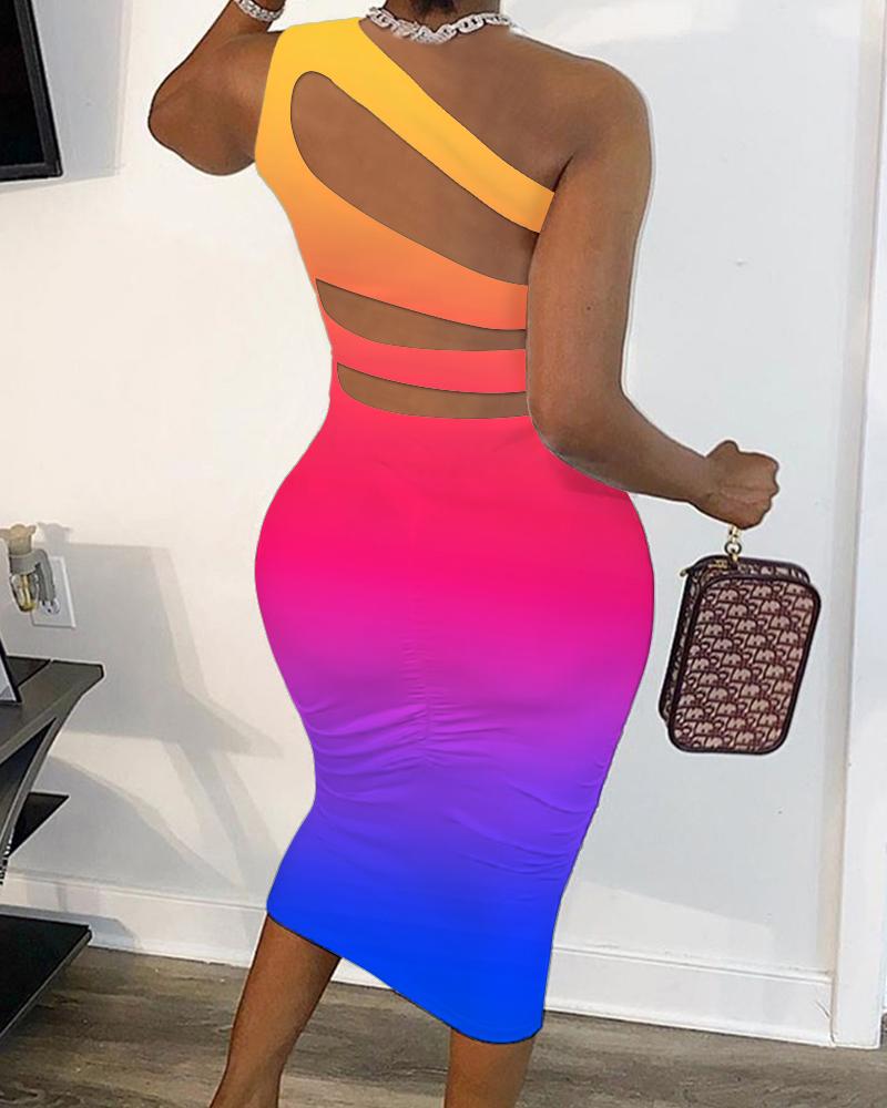 

Rainbow Ombre Ruched Cutout Bodycon Dress, Multicolor