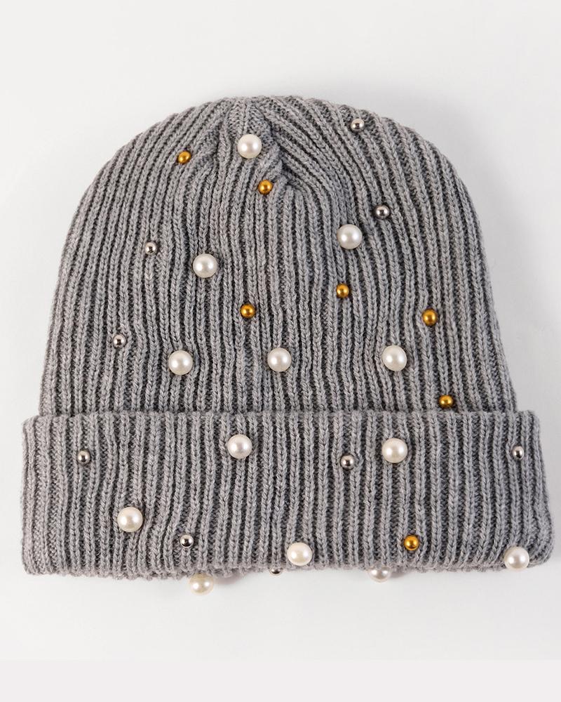 

Beaded Thermal Knit Bennie Hat, Light gray