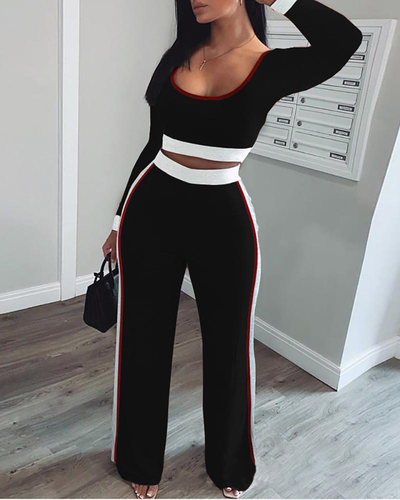 

Colorblock Crop Top & Pants Set, Black