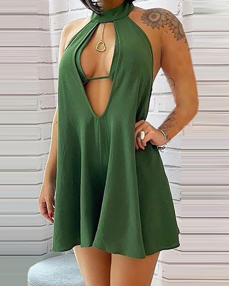 

Halter Plain Sleeveless Cutout Mini Dress With Bra, Green