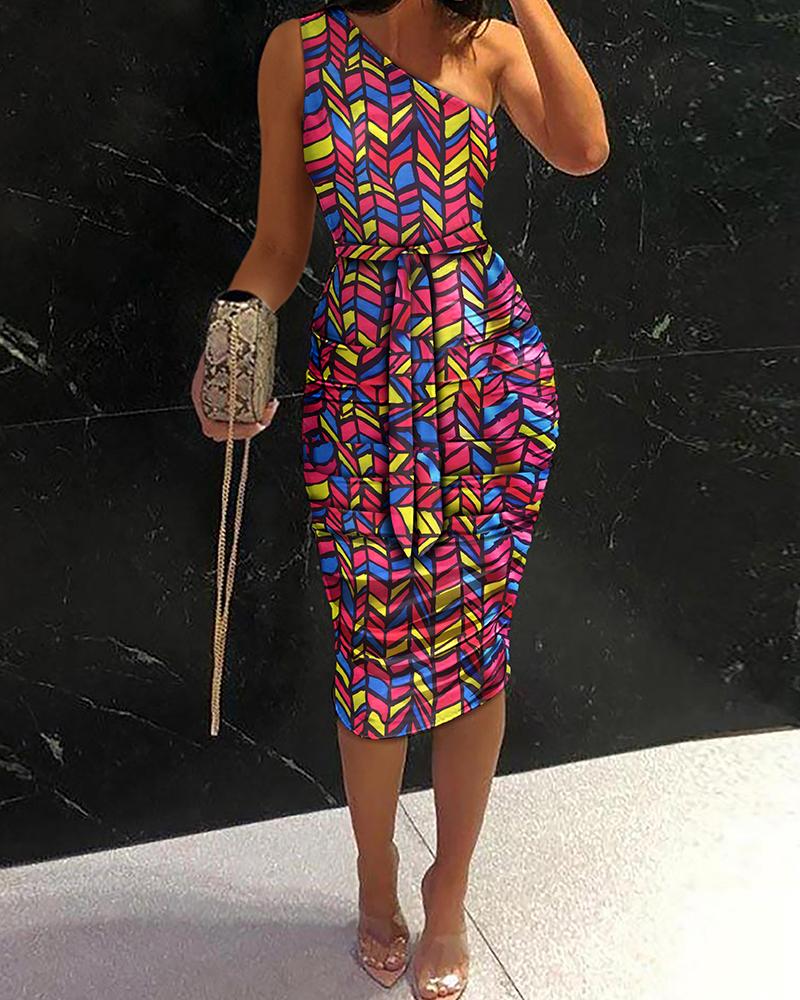 

Geo Print One Shoulder Ruched Bodycon Dress, Multicolor