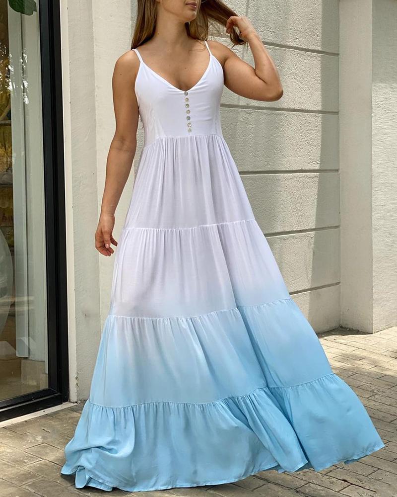 

Ombre Colorblock Button Front Ruched Maxi Dress, Blue