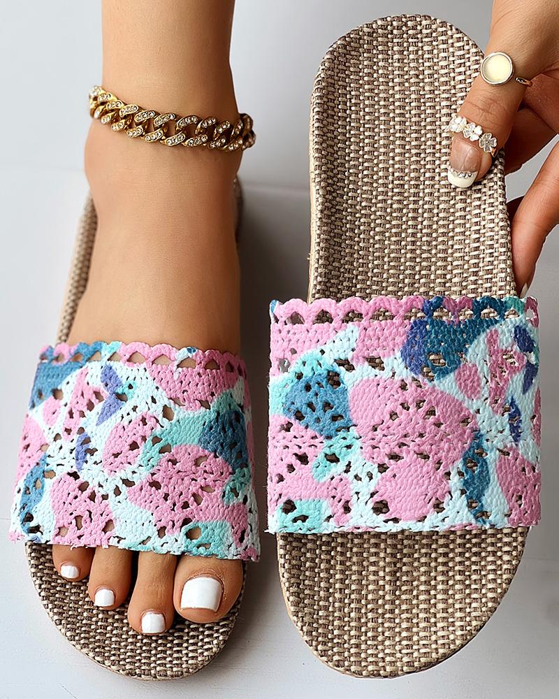 

Tie Dye Crochet Wide Strap Linen Slippers, Pink
