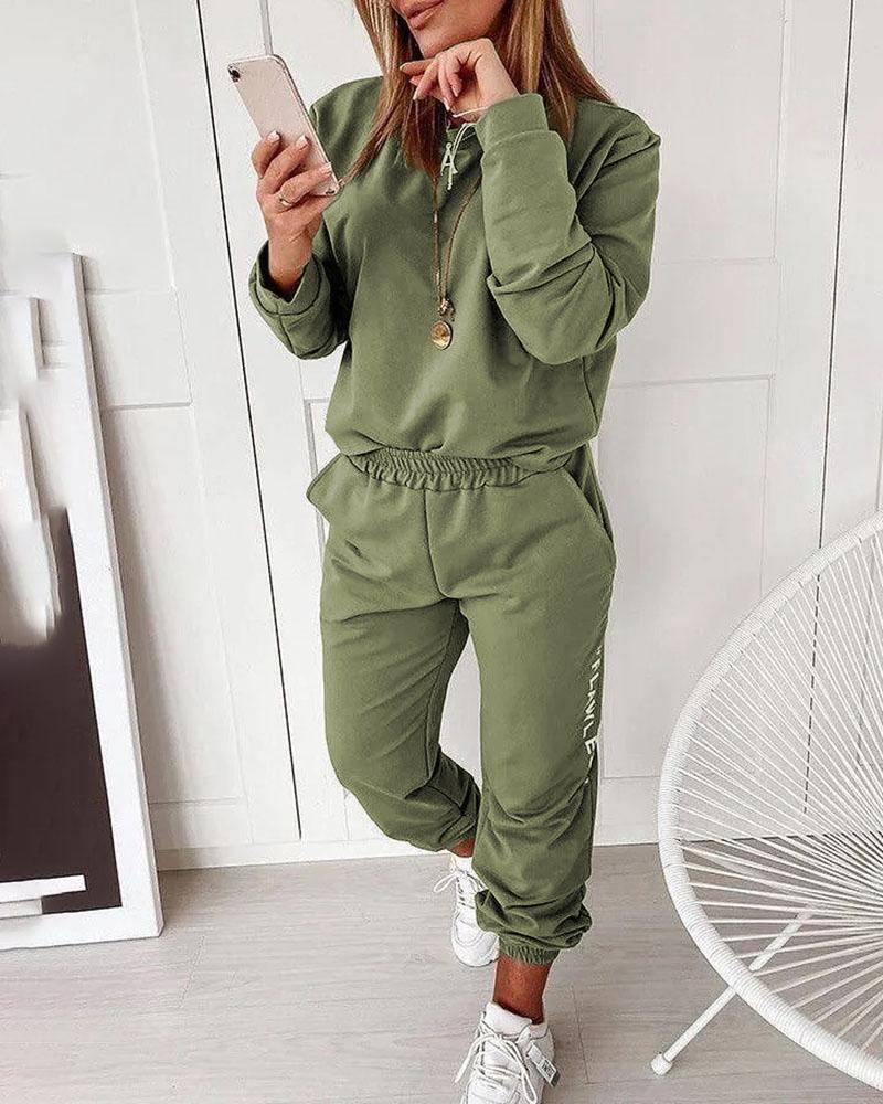 

Long Sleeve Top & Letter Print Drawstring Pants Set, Green