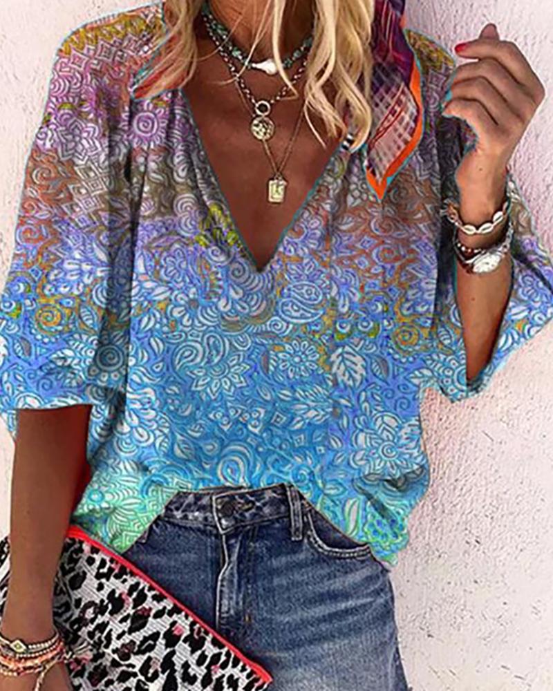 

Floral Print Colorblock Long Sleeve Top, Blue